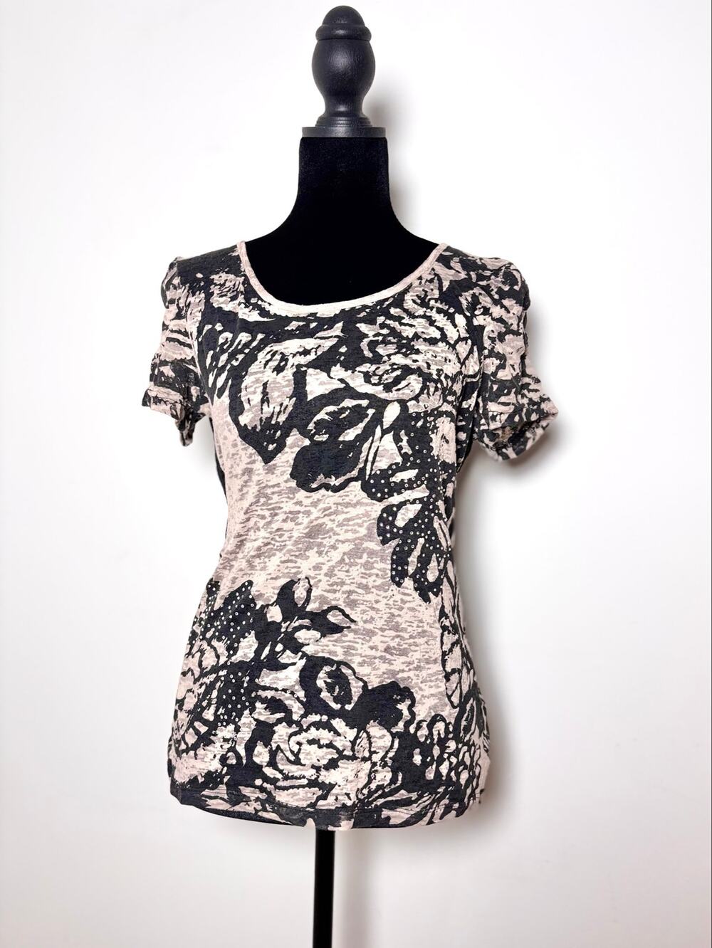 Vtg Y2K Rio Sud Beige Black Floral Sheer Lace Top Bedazzled Mcbling Size M